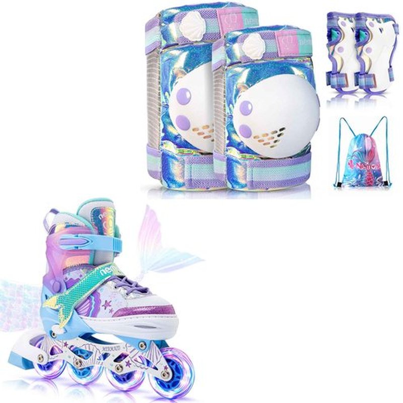NEMONE Mermaid Inline Skates (Purple M) with Protective Gear Set Knee Elbow Wrist Guards Pads for Kids Girls (Size M)