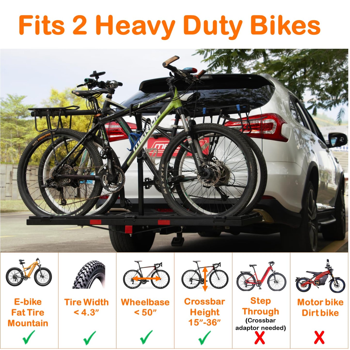 Hitch Mount Cargo Carrier Basket - 66"x24"x14" Comes with Bike Rack Fits 2 Ebike Fat-Tire Electric Bicycle with Folding Heavy Duty Trailer 500Lbs Fits 2" Receiver for Car Truck SUV RV (Black)