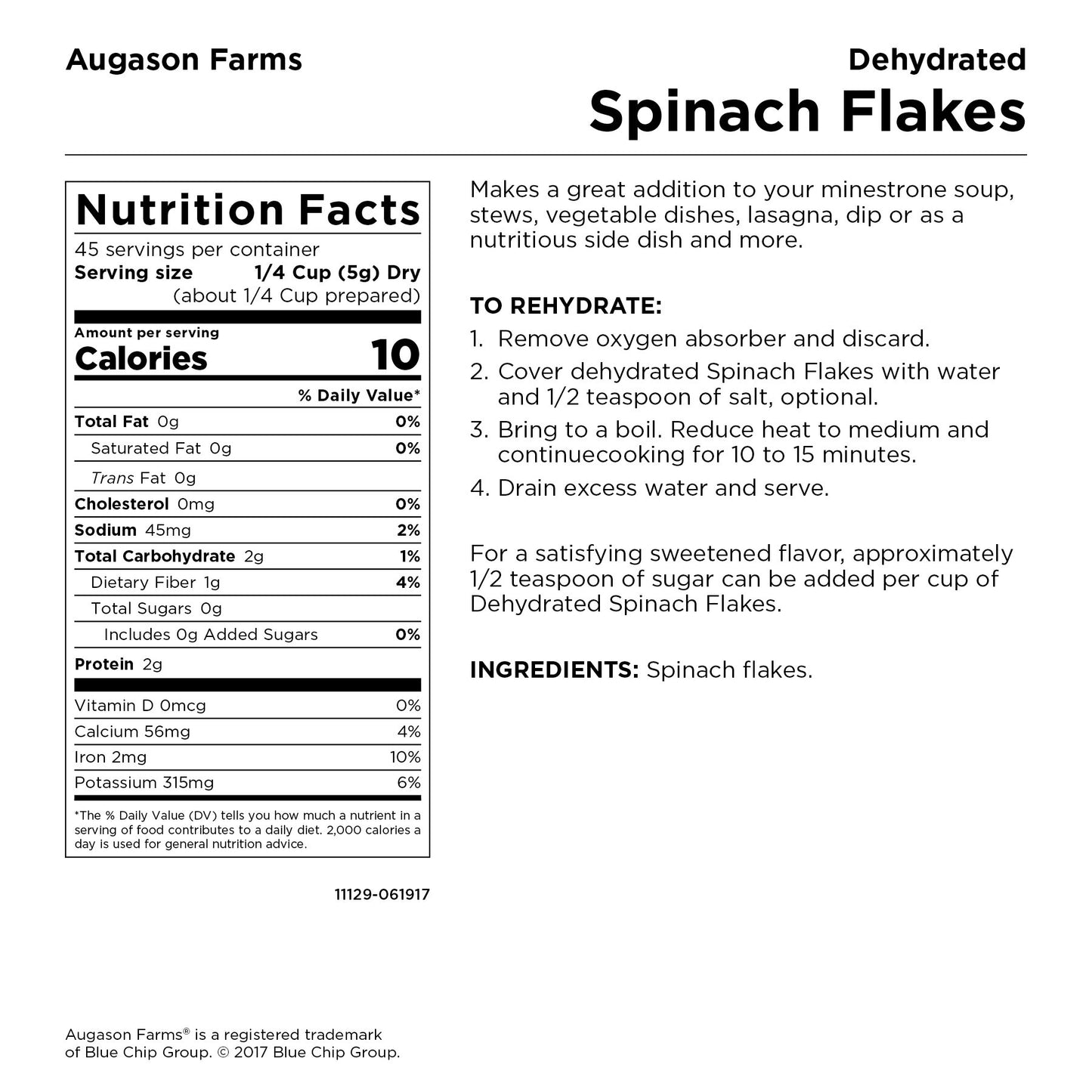 Augason Farms Dehydrated Spinach Flakes 8 oz No. 10 Can