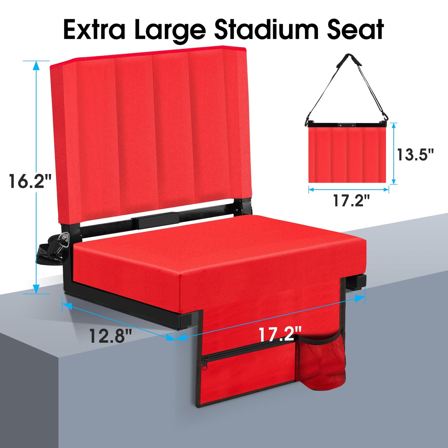 Eusuncaly Stadium Seat for Bleachers with Back Support and Wide Comfy Padded Cushion, Foldable Stadium Seats Chairs with Shoulder Strap and Storage Pockets, Bench Chair for Bleachers