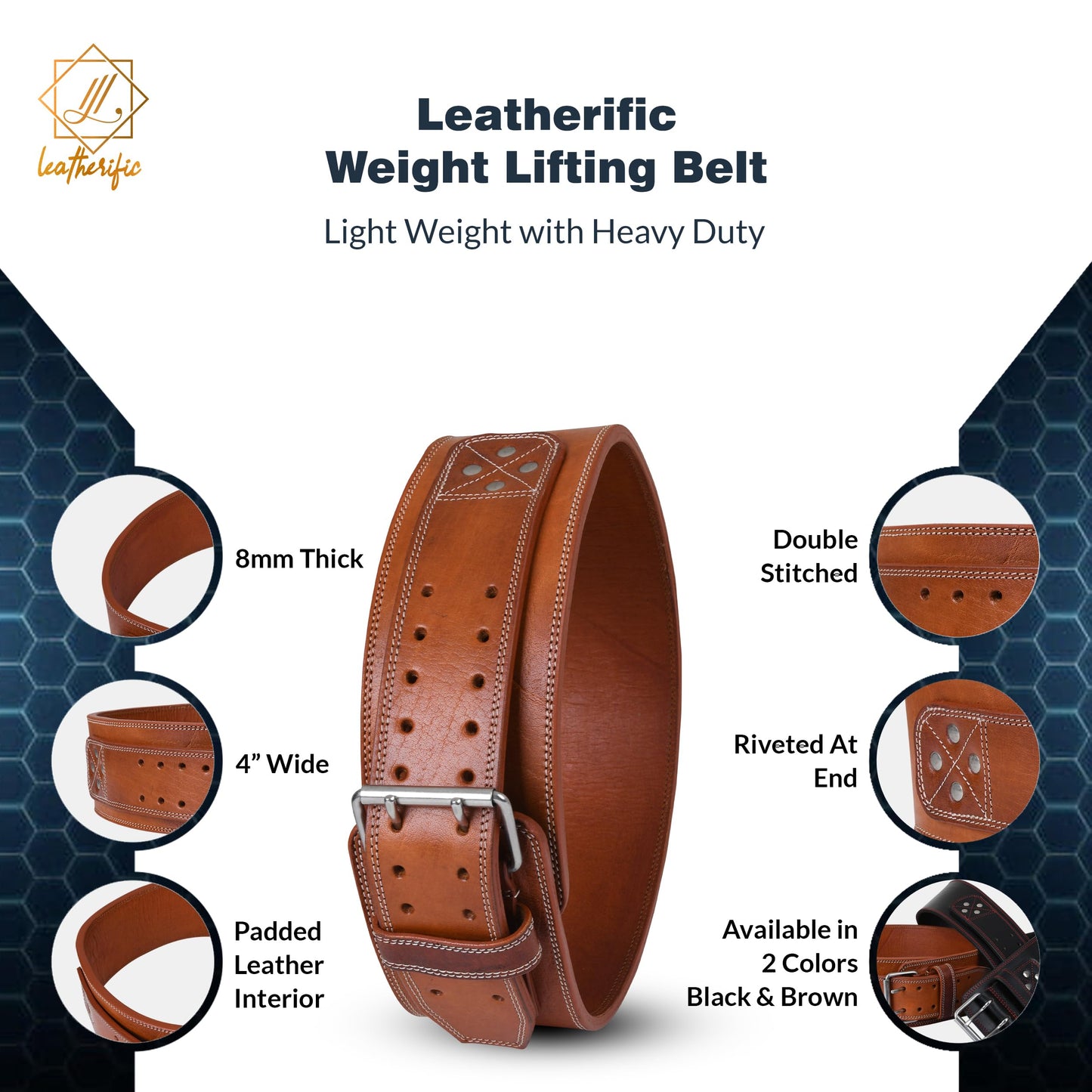 Leatherific | Genuine Leather Weight Lifting Belt | 8 mm Thick, 4" Wide | Heavy duty, Padded, Steel Buckle | For Bodybuilding, Cross Training, Weight Training, Lumbar Support (XL(Fits 40"-45"), Pecan