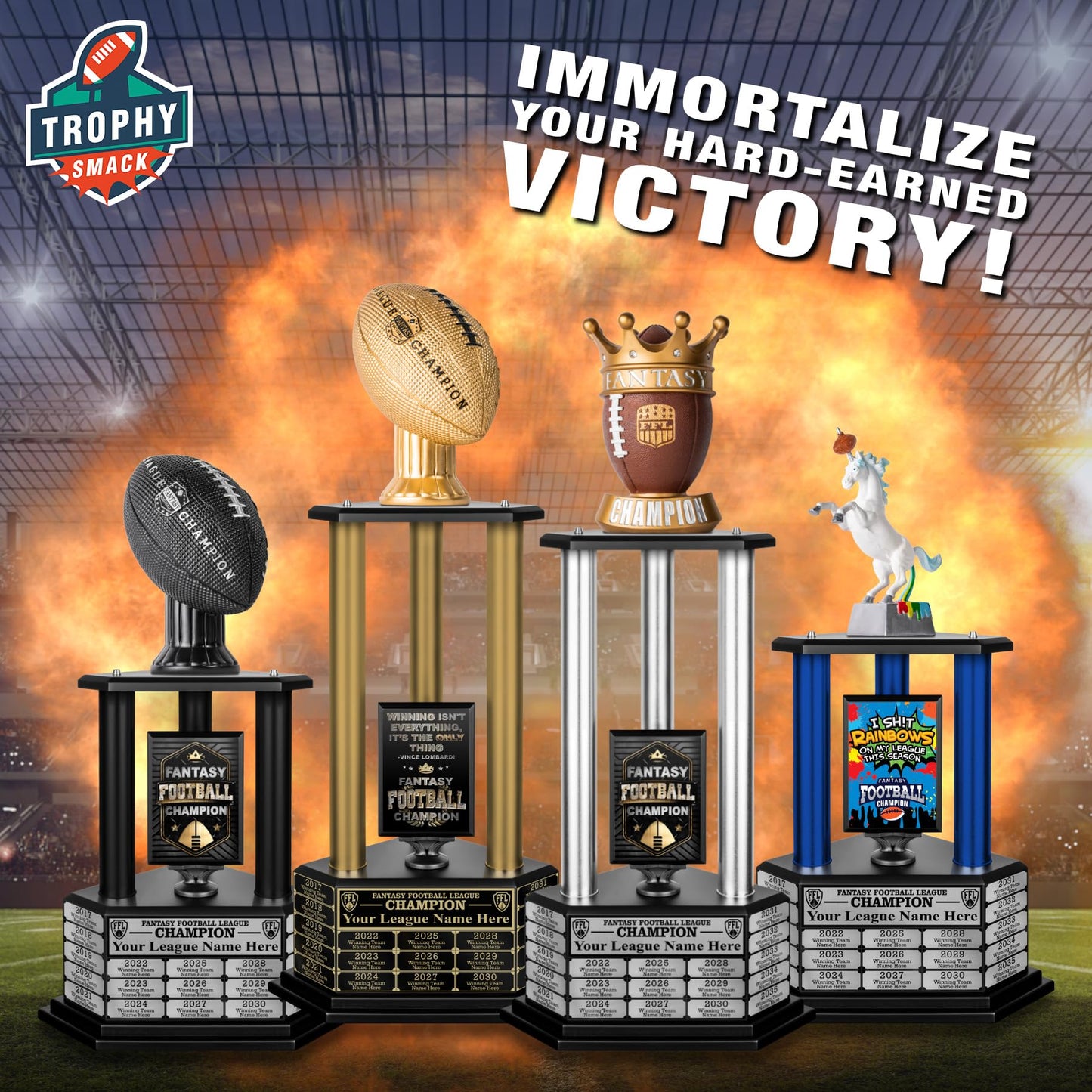 TrophySmack Perpetual Fantasy Football Trophy - Customizable Championship Trophy Award Winner | Free Engraving up to 19 Years Past Winners, 56 Inch Tall (Blue Gold)