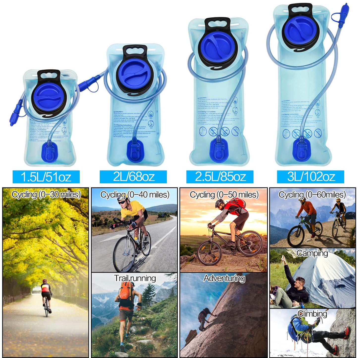 Mdvora 1/2/4/8 Pack Hydration Bladder, 1.5L/2L/2.5L/3L Water Reservoir, Leakproof Water Bladder Hydration Pack, Large Opening Water Storage Bladder Bag, for Cycling Hiking Camping (2L,2 Pack)