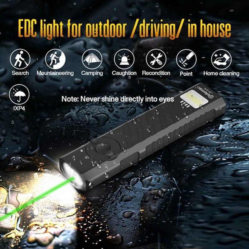 DEFENTAC 1300 Lumens Aluminum EDC Flashlight with Green Beam, Purple LED, Utility and Caution Light, Rechargeable Portable Pocket Light with Strobe, Five Lights in One for Emergency