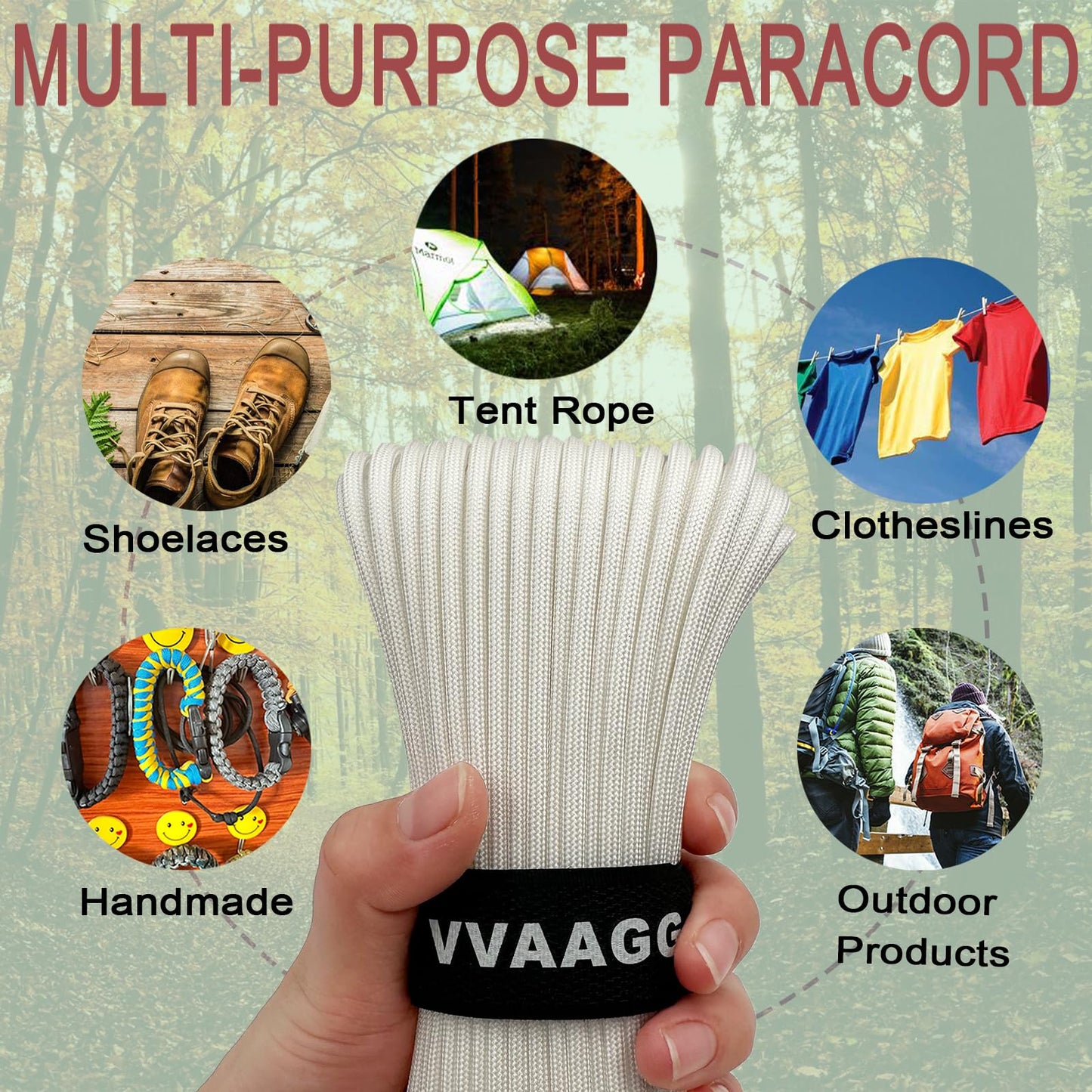 VVAAGG 550 Paracord Rope 100FT, 4mm Thin Tent Rope 550 Parachute Cord, Strong Long Nylon Rope, Outdoor Gear Camping Rope