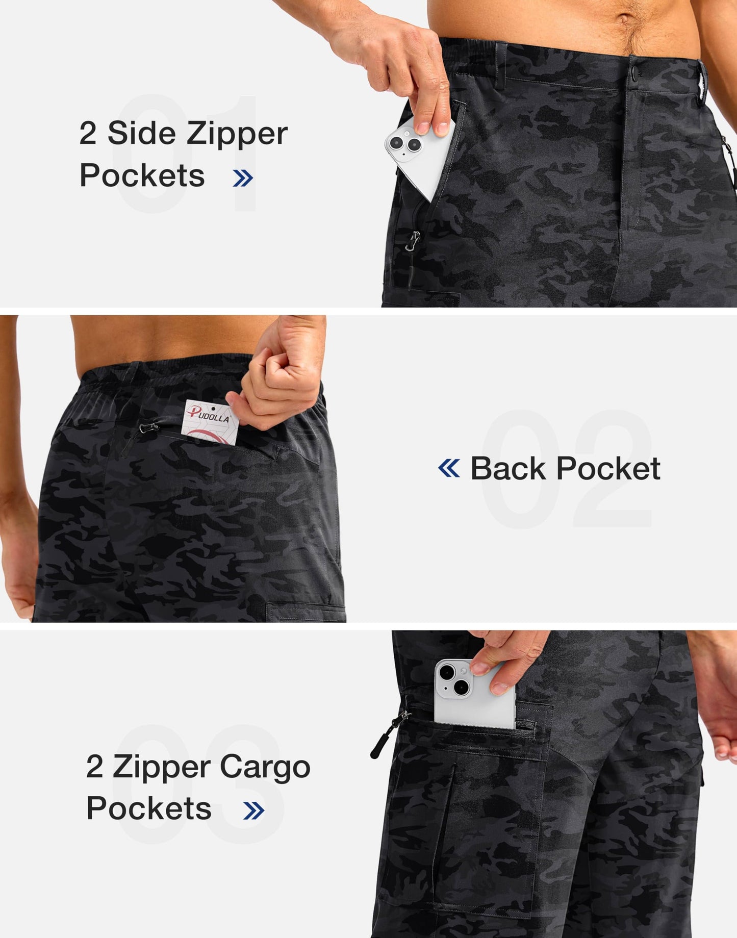 Pudolla Men's Hiking Shorts 11" Lightweight Cargo Work Shorts for Men Summer Travel Golf Casual Outdoor with 5 Pockets(Black Camo XX-Large)
