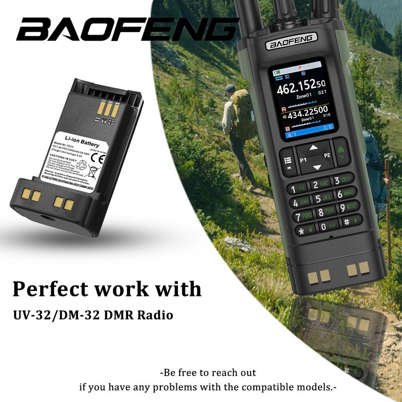 BAOFENG DM-32 Radio Battery 2500mAh Li-ion Battery for UV-32 Walkie Talkie 16.28Wh BC-32UV for UV32 Two Way Radio DC7.4V