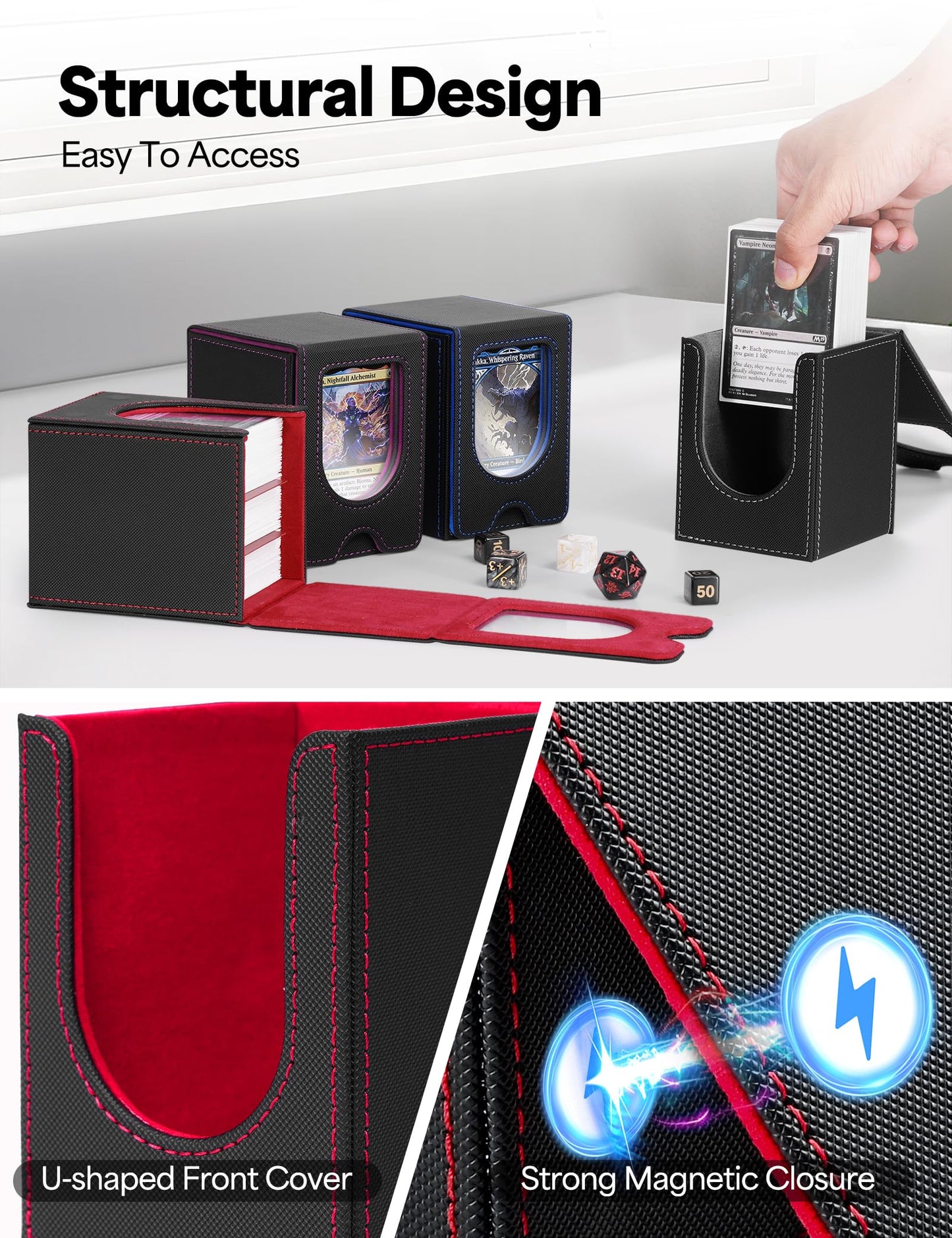 banloga Card Deck Box for MTG Commander, Card Case Holds 100+ Double-Sleeved Cards, Magic Card Box Fits for TCG/PTCG/CCG Card with 2 Dividers (Black&Red)