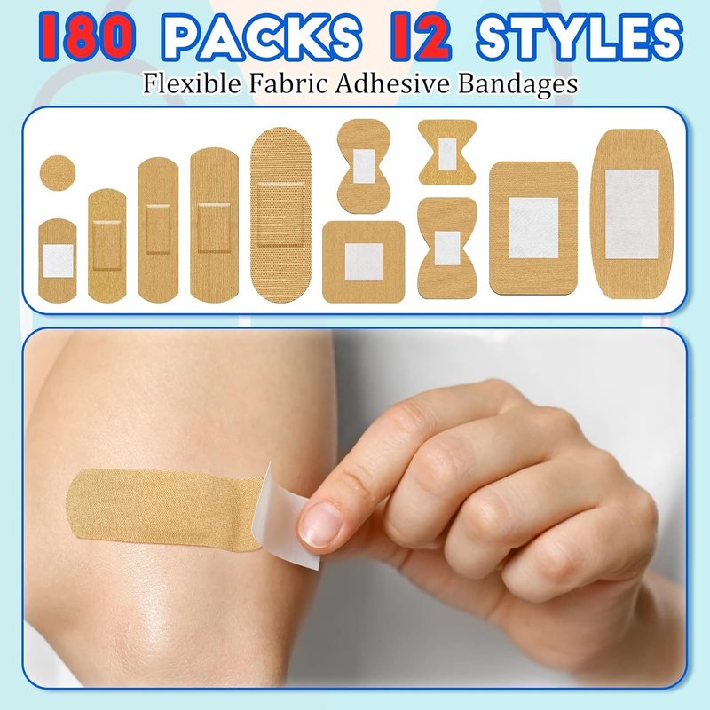 Flexible Fabric Adhesive Bandages - Breathable Fingertip & Knuckle Bandages | 180 Pcs in Assorted Sizes