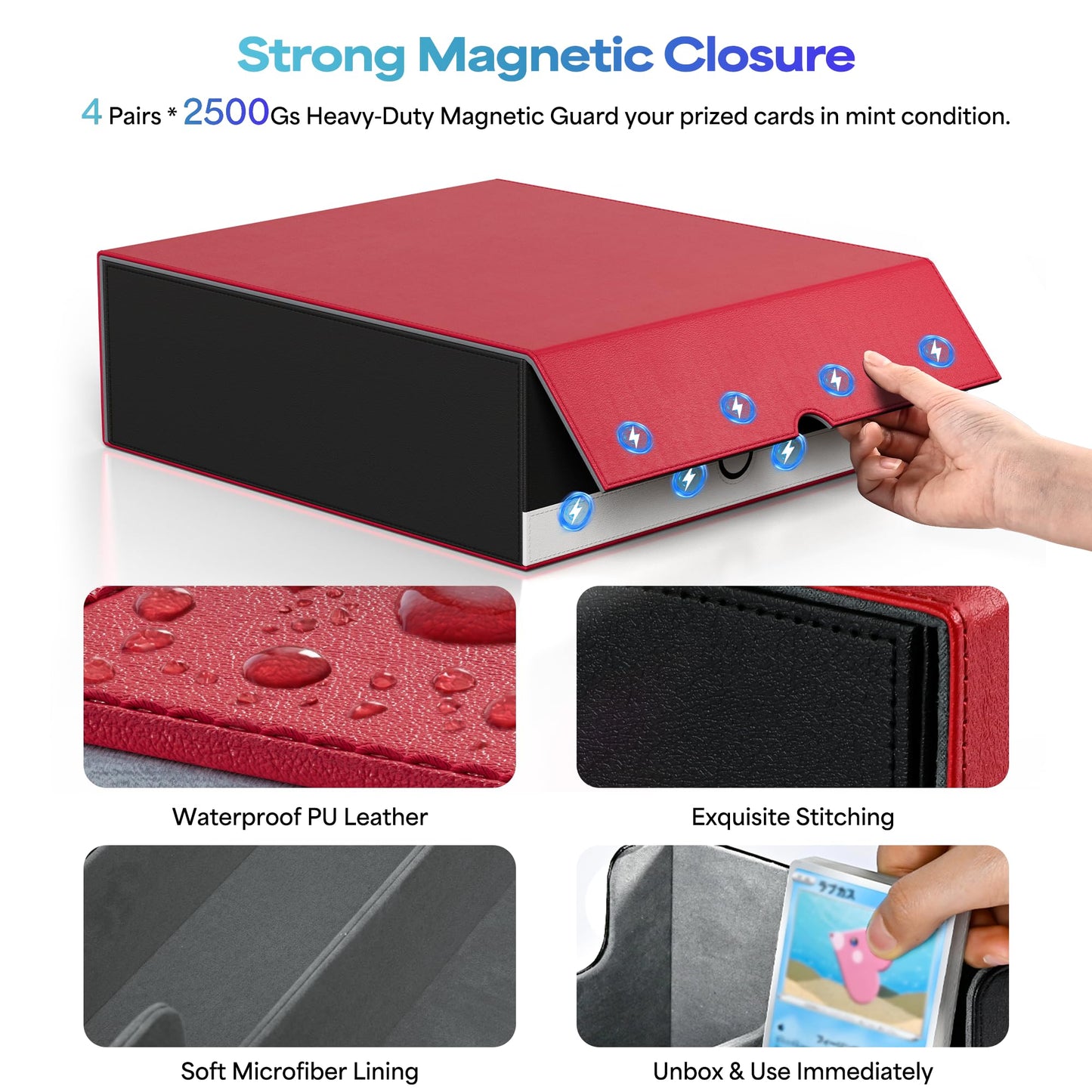 UAONO Trading Card Storage Box, Holds 2400 Sleeved Cards with 24 Dividers & 4 Stoppers, Magnetic Closure PU Leather Card Case for MTG, PTCG, YGO, Sports Cards (Red&White)