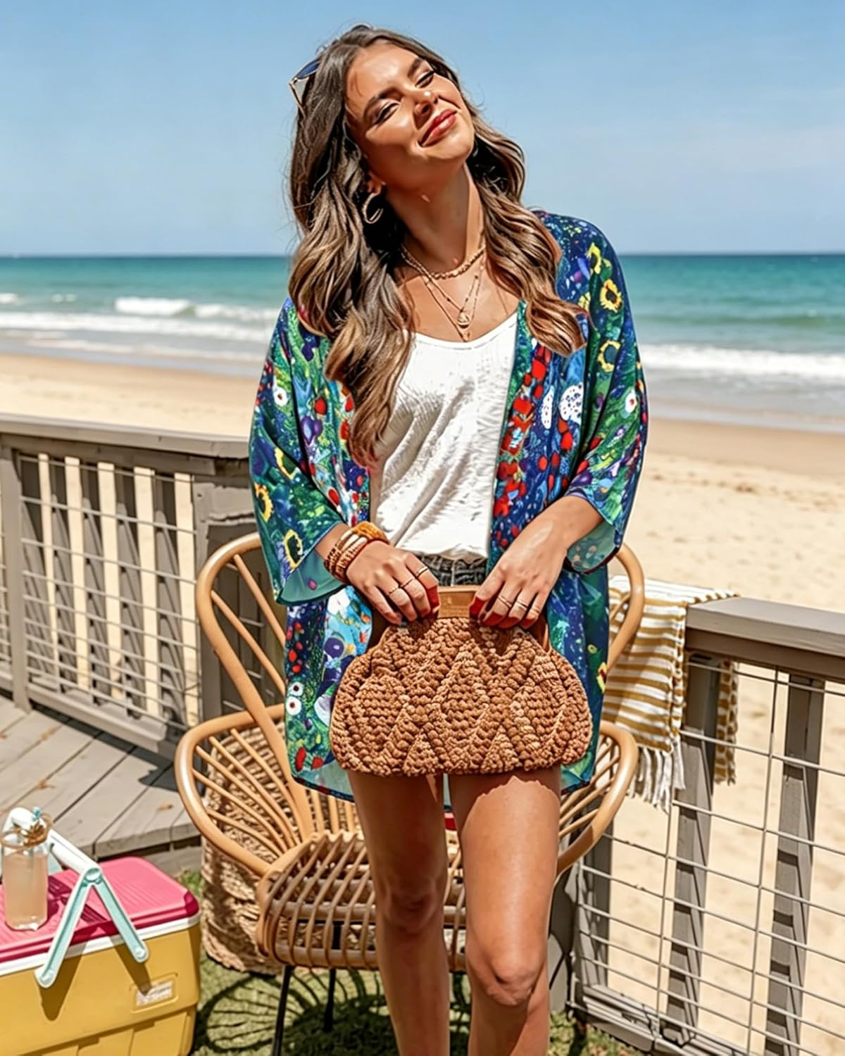 Floral Print Puff Sleeve Kimono Cardigan - Casual Women's Blouse Top | Loose Fit