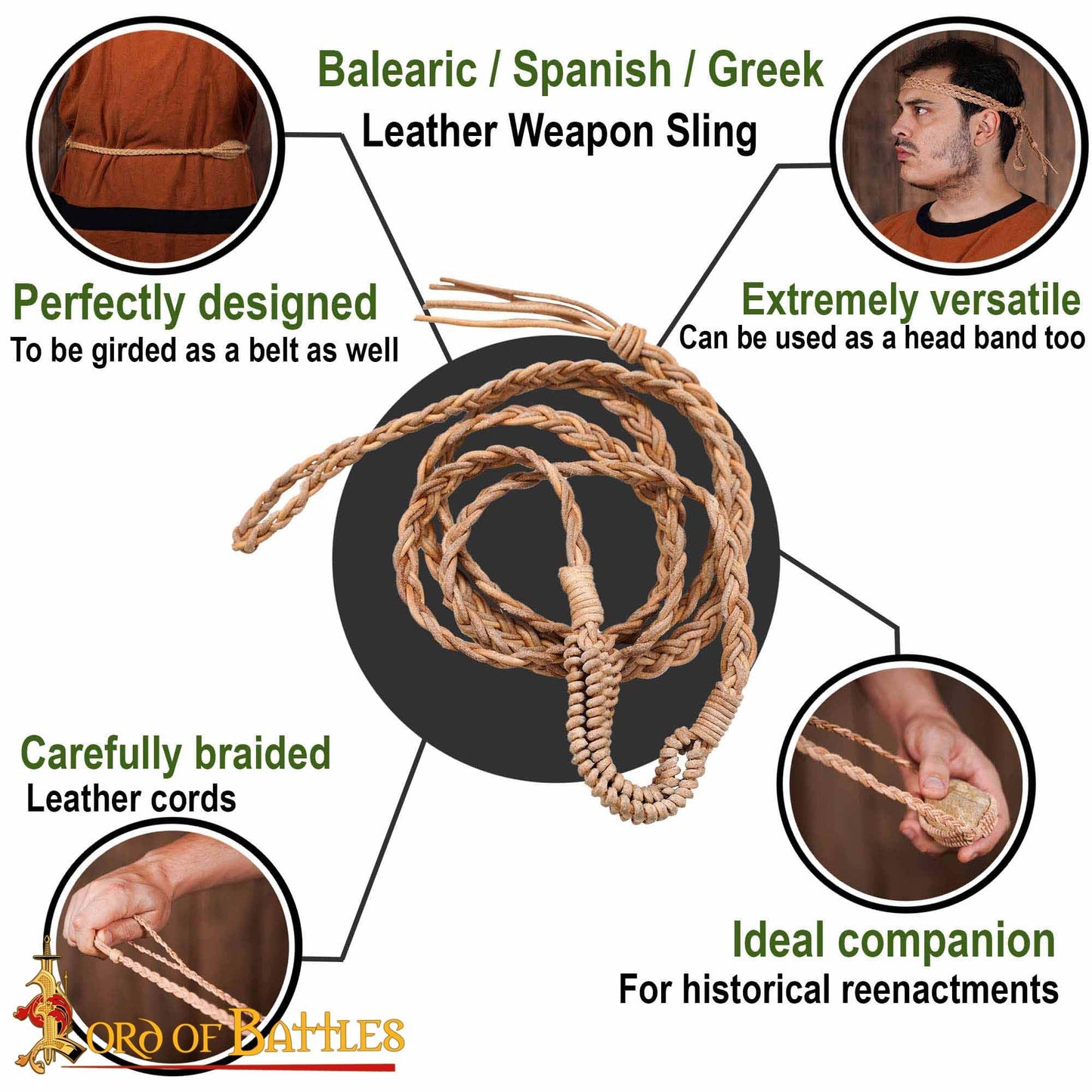 Lord of Battles Balearic Roman Greek Sling Handcrafted Braided Cords Throwing Slingshot for Historical Reenactments (Leather Sling)