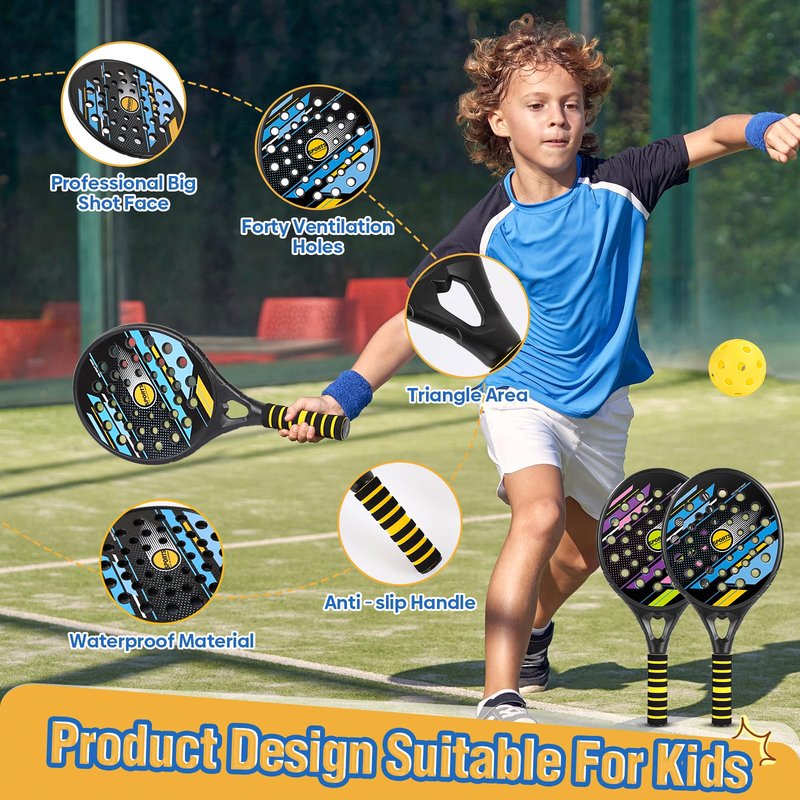 Kids Beach Pickle Ball Set - Waterproof Tennis Racket with Air Hole Beach Toys for Kids and Adults Family, 2 Set of Beach Tennis Paddle with 3 Pack Premium Pickleball Balls Gifts for Girls Boys