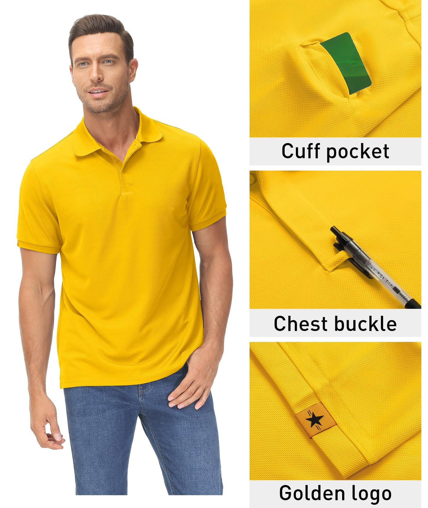 ZITY Mens Polo Shirt Short Sleeve Sports Tactical T-Shirt Athletic Golf Polos Daily Casual Stylish Collared Shirts for Men Yellow XX-Large