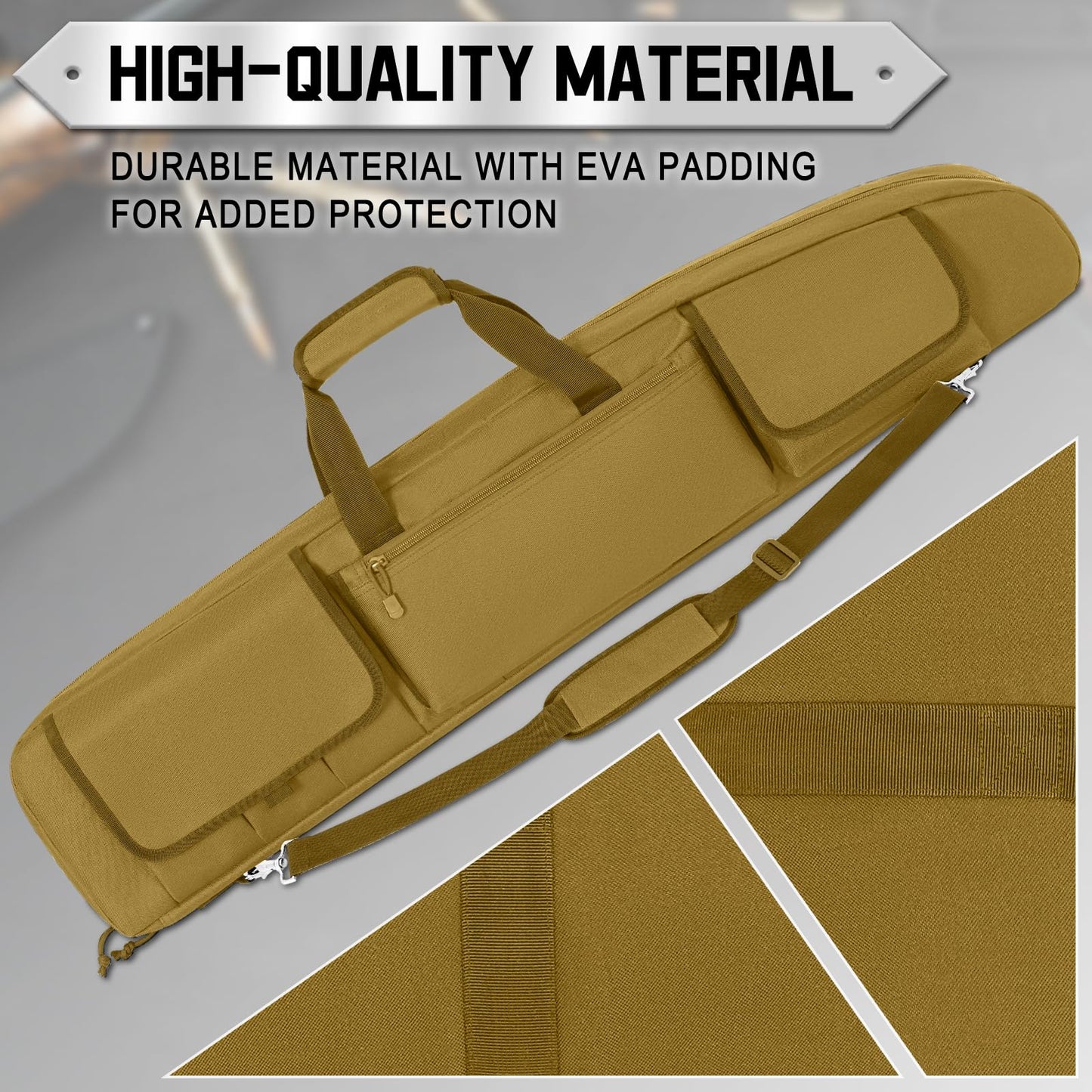 DULCE DOM Double Rifle Case, 38 42 44 inch Soft Gun Tactical Bag for Shooting Range, Movable Divider for 1 or 2 Gears, Multiple Magazine Pouches & Accessory Bags (Khaki, 44'')
