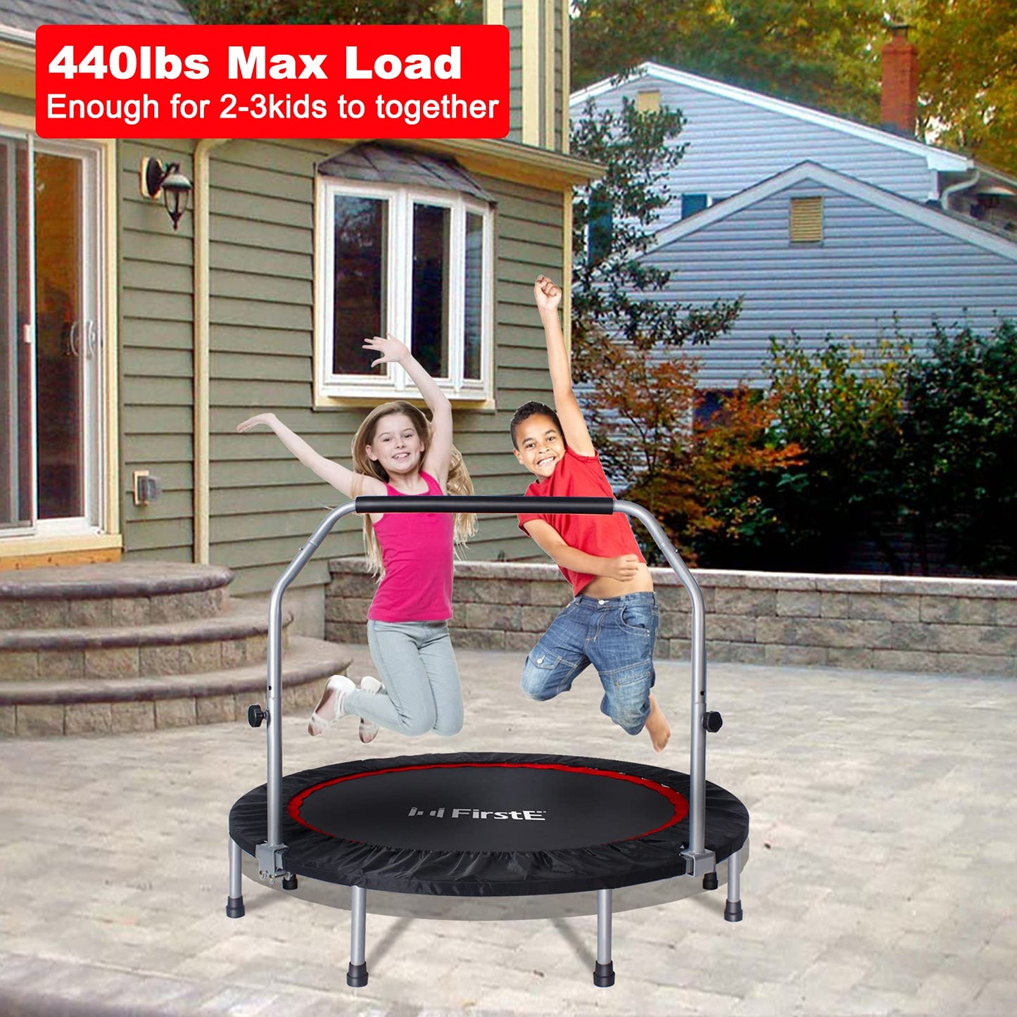 50 Inch Mini Fitness Trampoline for Adults, Foldable Exercise Trampoline with 5 Levels Adjustable Foam Handle, Rebounder Trampoline for Bounce Workout Indoor/Garden Max Load 440lbs