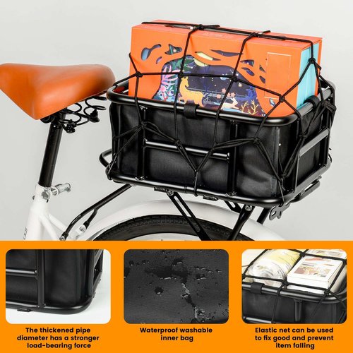 SAMRELAX Bike Basket Rear, Large Bicycle Basket with Cargo Net, Liner and Waterproof Cover for Electirc Bike, Ebike and Bikes