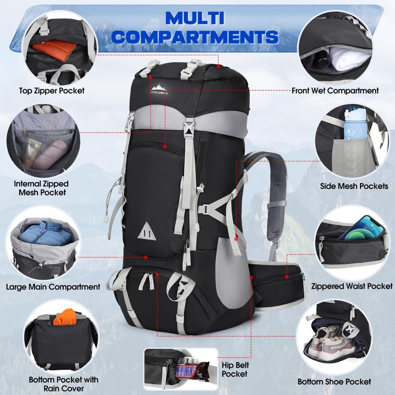 IGOLUMON 60L Hiking Backpack, Large Camping Backpack with Rain Cover Waterproof Travel Hiking Daypack Lightweight Backpacking Pack for Men Women, Black