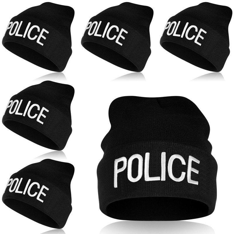 Panitay 6 Pcs Cuffed Beanie Knitted Beanie Hat Embroidered Hat Black Winter Skull Cap for Men Women (Police)