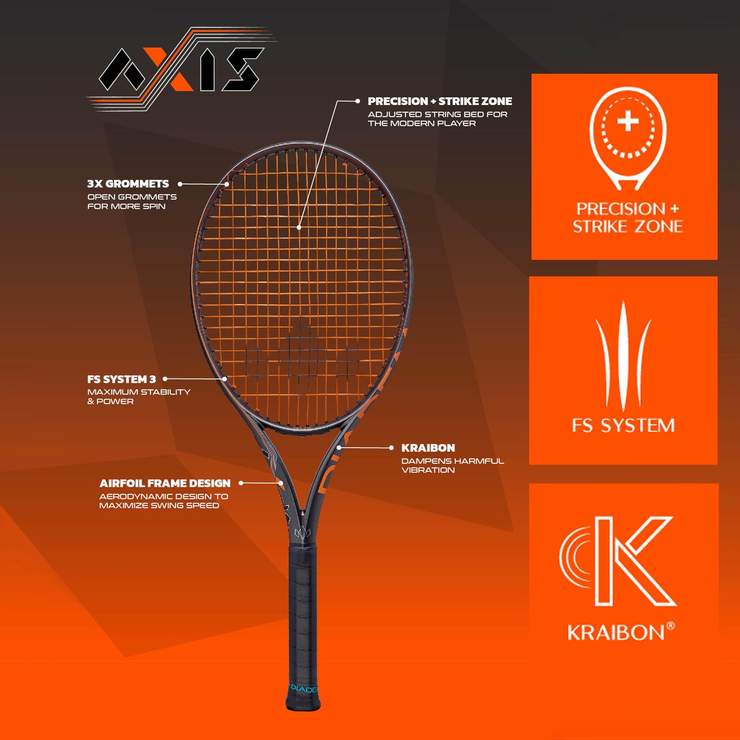 Diadem Axis 100 Tennis Racket | 16x19 String Pattern, FS3 Stabilization, Kraibon Vibration Dampening, Precision Strike Zone for Unrivaled Spin & Control (Black/Orange, Grip: 4 1/4" (L2))