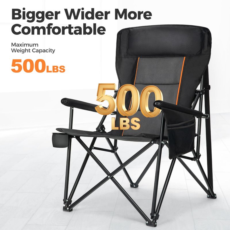 ALPHA CAMP Heavy Duty High Back Camping Chairs 500LBS Capacity Oversized Folding Chair Outdoor Chair with Headrest,Lawn with Side Pocket for Lawn, Sports and Fishing, Black,1PC