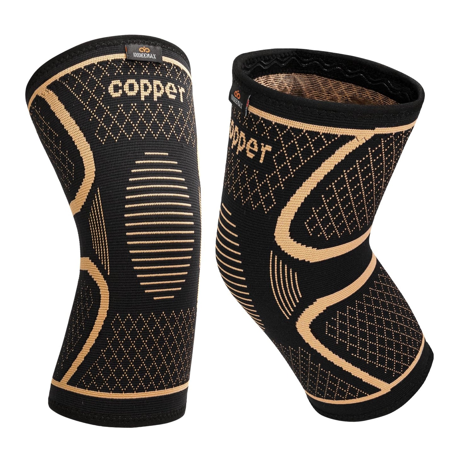 INDEEMAX Copper Knee Brace for Women Men 2 Pack, Knee Compression Sleeve for Knee Pain, Arthritis, Running,Sports and Recovery Support, L