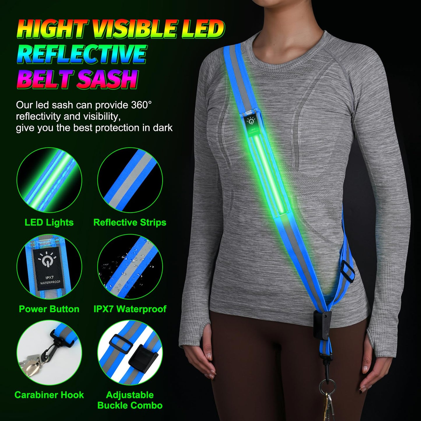 Bighaki808 LED Running Gear High Visibility Reflective Belt Sash, Adjustable Night Walking Safety Gear, Rechargeable Light Up Running Reflective Belt for Runners Walkers Men Women(Blue)