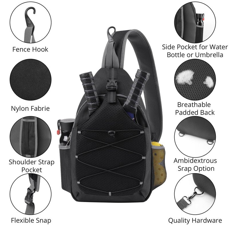 SPOENGRU Pickleball Paddle Bag - Small Adjustable Sling Bag with Fence Hook & Water Bottle Holder