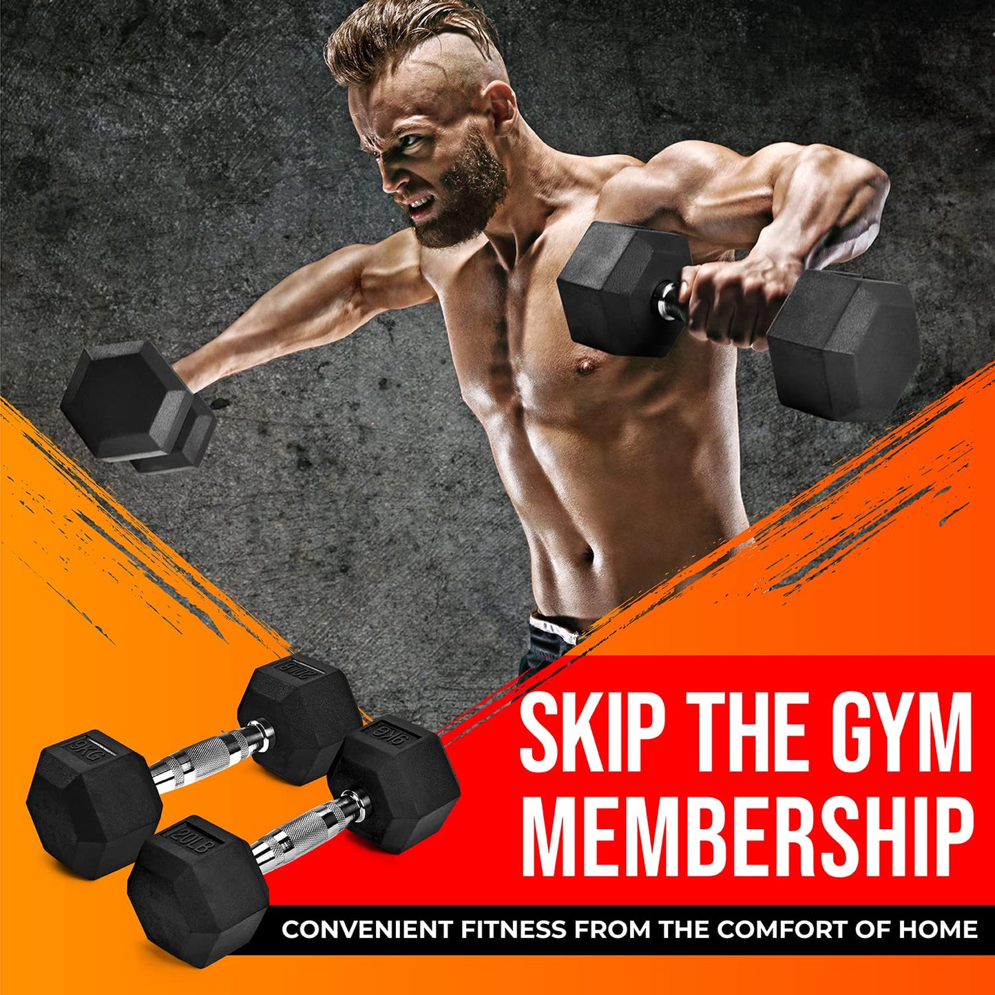 Yes4All Combo Kettle Grip (Single) + Rubber Hex Dumbbell (Single) - 30lbs - Red