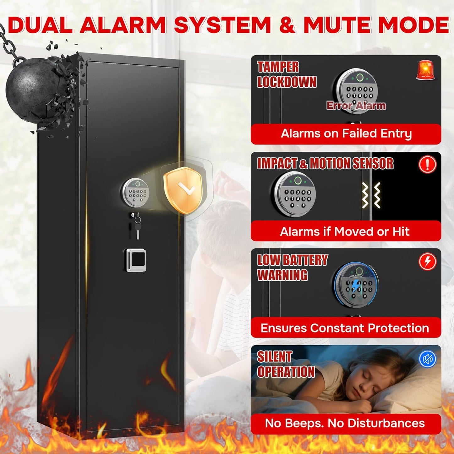10-12 Gun Safe for Home | Fast Biometric Fingerprint Long Gun Storage - 57" High, Adjustable Shelves, Heavy Duty Black Cabinet