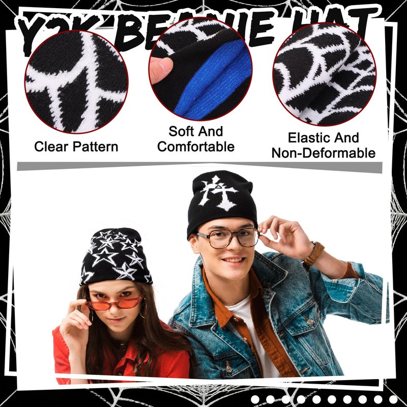 6 Pcs Y2K Knitted Beanies Spider Web Star Letters Pattern Beanie Cross Graphics Knitted Hat Casual Streetwear Outdoor Sports Trend Beanie for Men Women Black