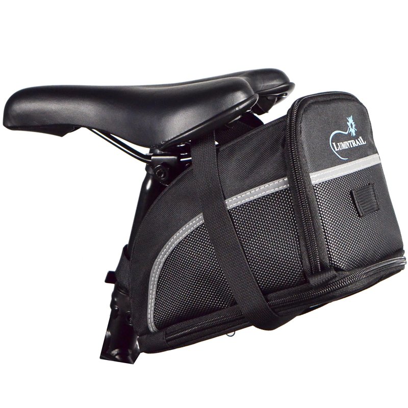 Lumintrail Bike Seat Bag, Bicycle Saddle Bag for Mountain Road Bikes, Expandable Storage Under Seat Bike Bag, Reflective Material with Bike Light Loop, Black, Large
