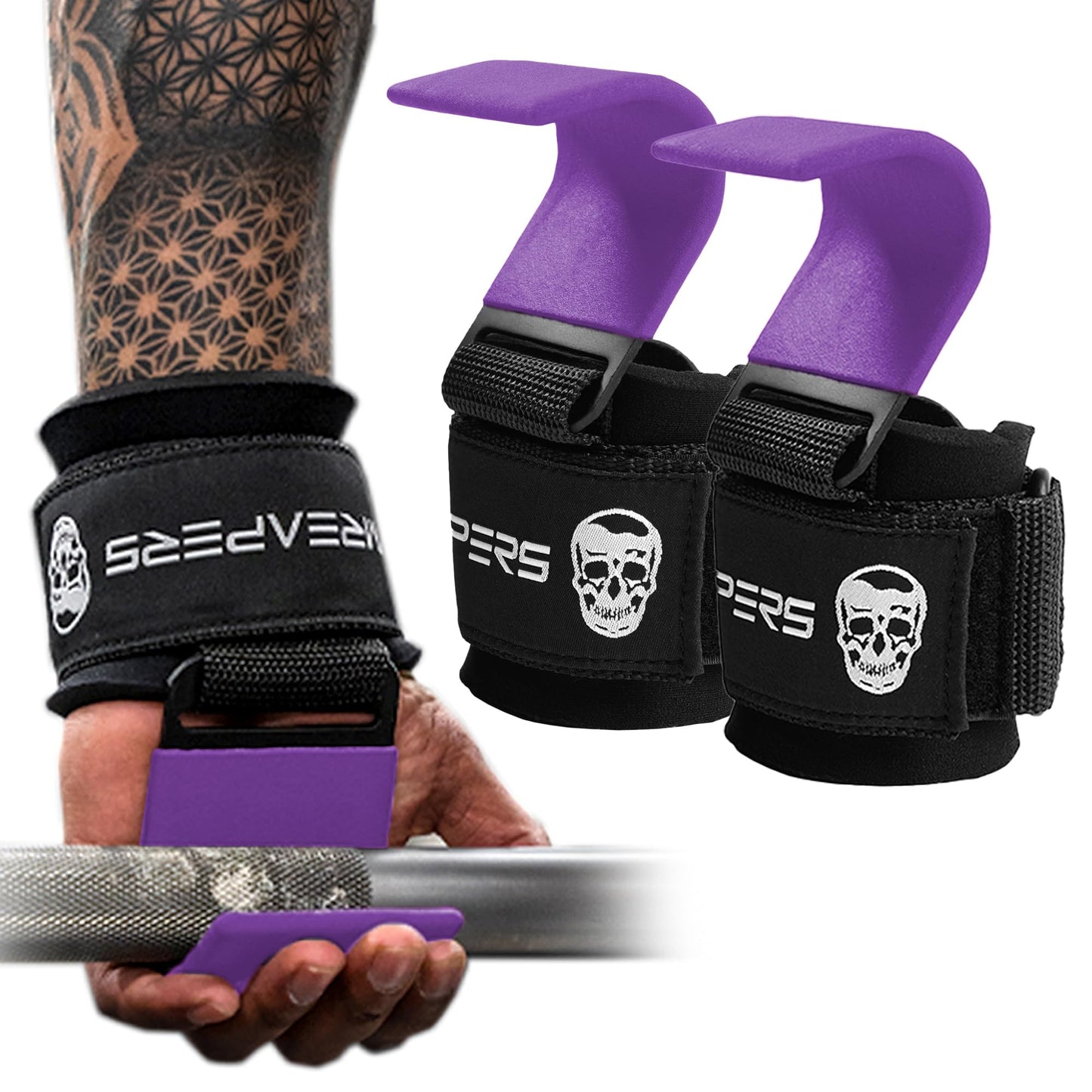 Gymreapers Weight Lifting Hooks (Pair), Heavy Duty Power Wrist Straps Hand Grip Support For Deadlifts, Pull Ups, Shrugs - Gym Gloves For Men and Women (Purple)