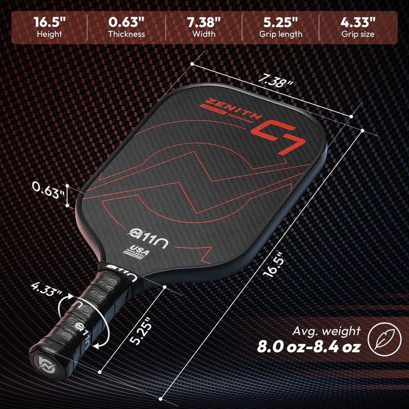 A11N Zenith C7 Pickleball Paddle 16mm | T700 Carbon Fiber with Foam Injected Walls | Enlarged Sweet Spot | Elongated Shape | Red