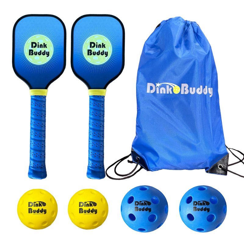 Dink Buddy - 2-in-1 Pickleball Trainer Set, Pickleball Gifts with 4 Kelso Balls (2 Foam Trainer + 2 Rubber Standard Size), 2 PickleDojo Paddles, & 1 Drawstring Backpack