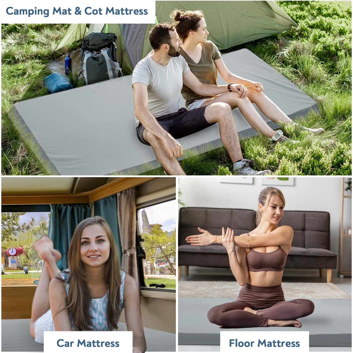 Memory Foam Camping Cot Mattress Pad, 3 Inch Thick Sleeping Pad with Waterproof Cover, 72"×24"×3" Non-Slip Portable Roll up Cot Mattress Pad Mat for Travel Truck Bed Tent, Not for 75"×30", Gray