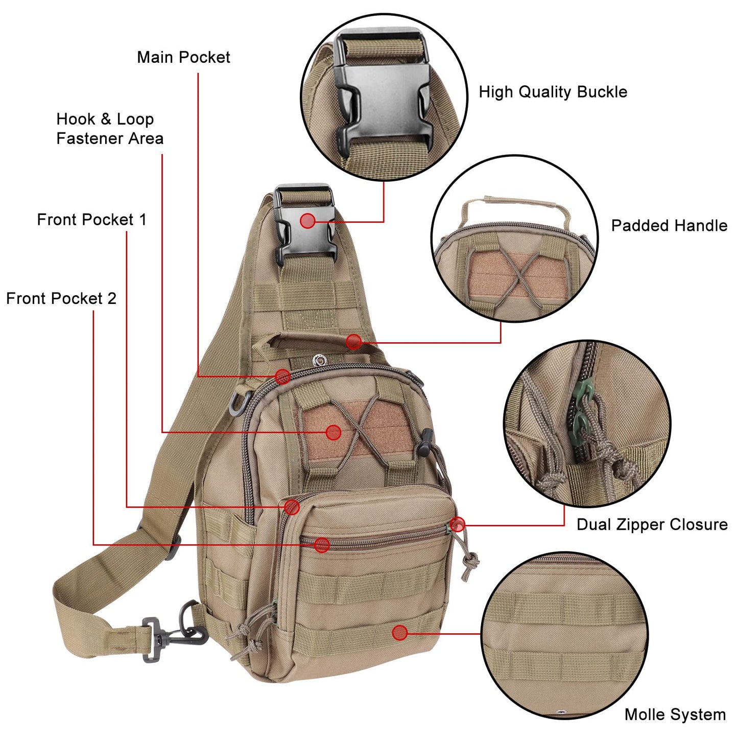 Qcute Tactical Backpack, Waterproof Military Cross-body Molle Sling Shoulder Backpack Chest Bag for Outdoor Every Day Carry (khaki)