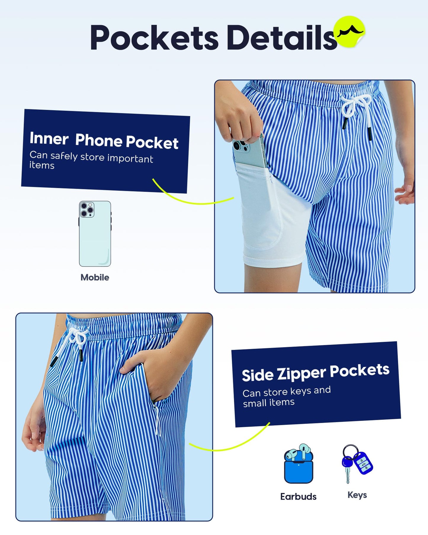 maamgic Boys Swim Trunks Compression Liner Stretch Teen Boy Swim Shorts Anti-Chafe Bathing Suits with Zipper Pocket Stripe Blue 8