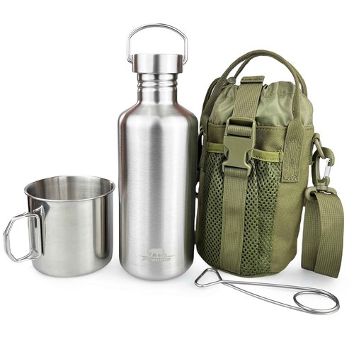 Pubgeer Canteen 42oz Single Wall Water Bottle with 24oz Nested Camping Cup and Carrier Bag, Stainless Steel, Bushcraft Gear, Wide Mouth Water Bottle, Survival Gear, Water Boiler, Self Reliance