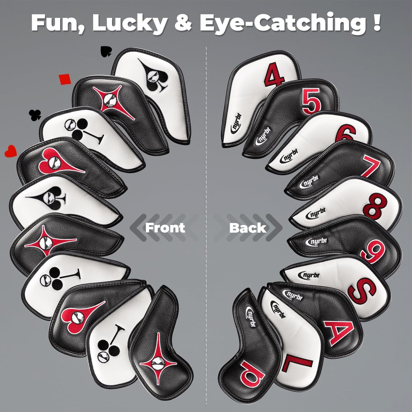 Golf Iron Covers Set of 10 with Golf Tee, Lucky Poker Design - Magnetic PU Leather Golf Club Head Covers | Embroidered Spades, Hearts, Clubs, Diamonds | Fits Most Irons, Fun Golf Gifts for Men