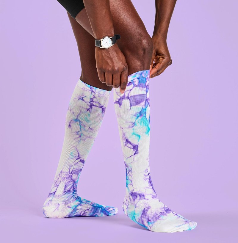 Nurse Mates Women's Wide Calf Socks | 12-14 mmHg Compression | Up to 22" Calf | One Size | 1 Pair | Lilac Aqua TieDye