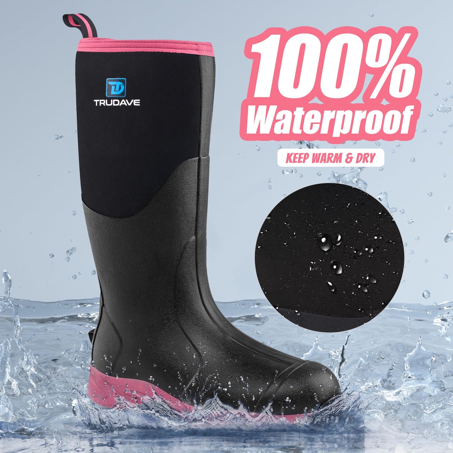 Trudave Rubber Boots for Women with Steel Shank, Waterproof Insulated Mud Rain Boots, 6mm Neoprene Anti-slip Outdoor Work Boots, Pink, Size 8