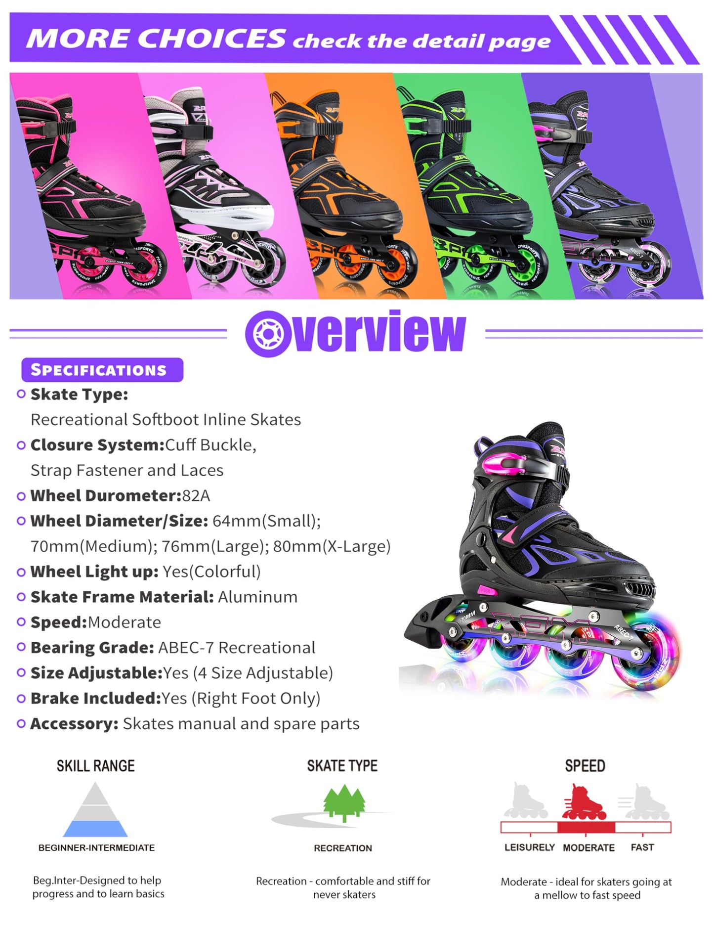 2pm Sports Vinal Girls Adjustable Inline Skates with Light up Wheels Beginner Skates Fun Illuminating Roller Skates for Kids Boys and Ladies - Violet Medium(1Y-4Y US)