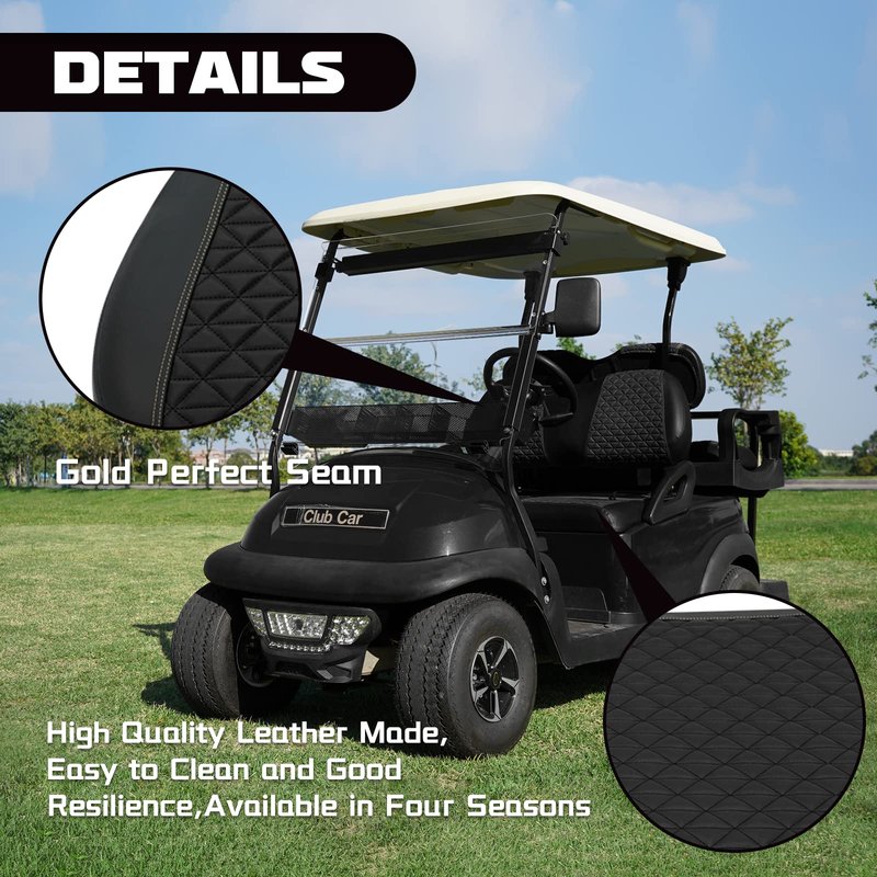 XUANYUDG0769 Golf Cart Front Seat Covers for Club Car Precedent Onward Tempo OEM Ordinary Seat Cushion, Vinyl Leather Made Adjustable Straps and Retractable Buckle/No Stapler Required - Black