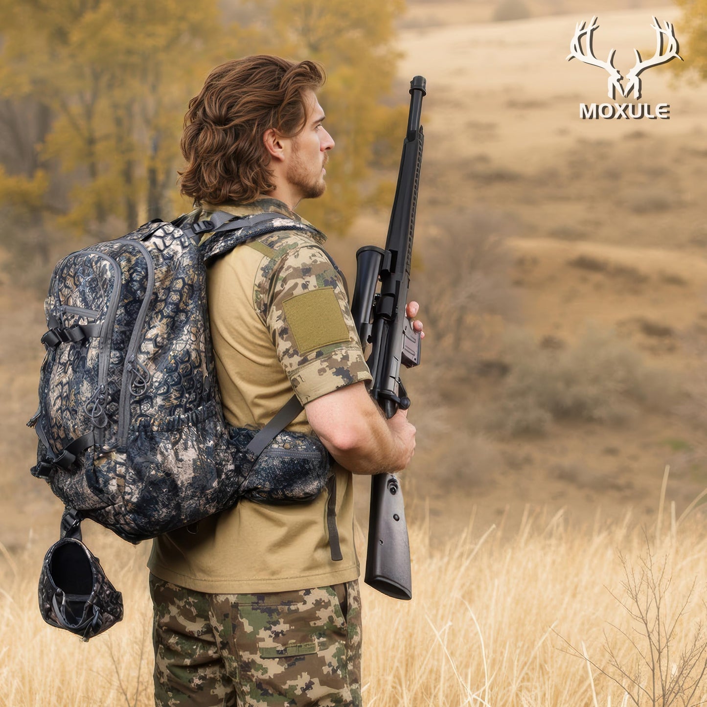 MOXULE Hunting Backpack Waterproof Pack: 25L Hunting Gear with Rain Cover,Hunting Day Pack with Rifle Bow Gun Holder (Camo)