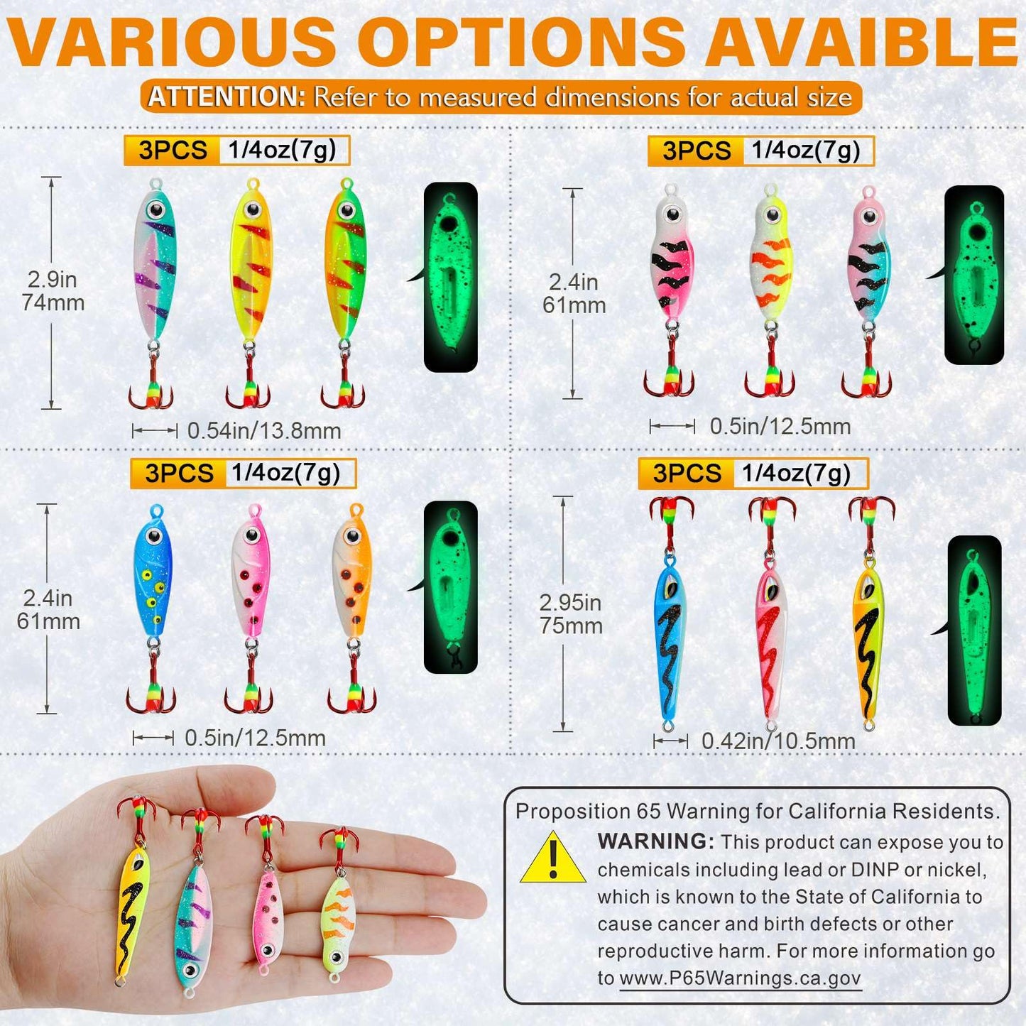 Dovesun Ice Fishing Rattle Spoons Kit Glow Ice Fishing Lures Ice Fishing jigs Accessories Gear Gifts for Walleye Bass Catfish Trout Kit 12PCS