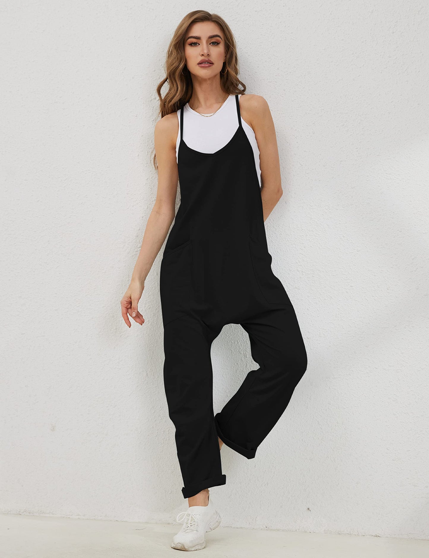 Lentta Women's Causal Jumpsuits V Neck Sleeveless Harem Overalls Stretchy Adjustable Strap Romper with Pockets(Black-L)