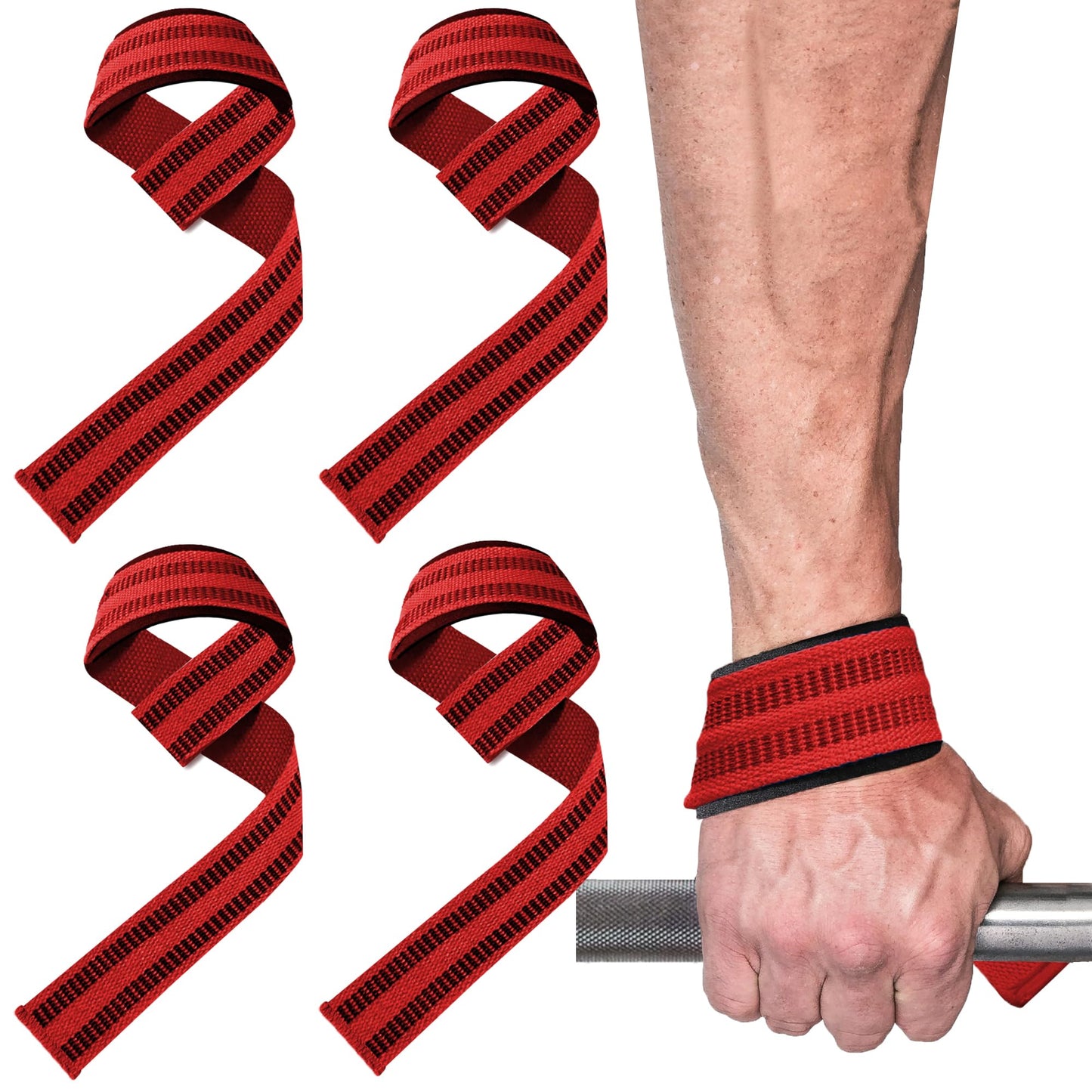 4 Pack Lifting Wrist Straps for Weightlifting, Lifting Straps for Gym Strength Training,Deadlifts,Workout, Men & Women Neoprene-padded Wrist Cushion Cotton Lift Straps with Anti-Skid Silicone -Red