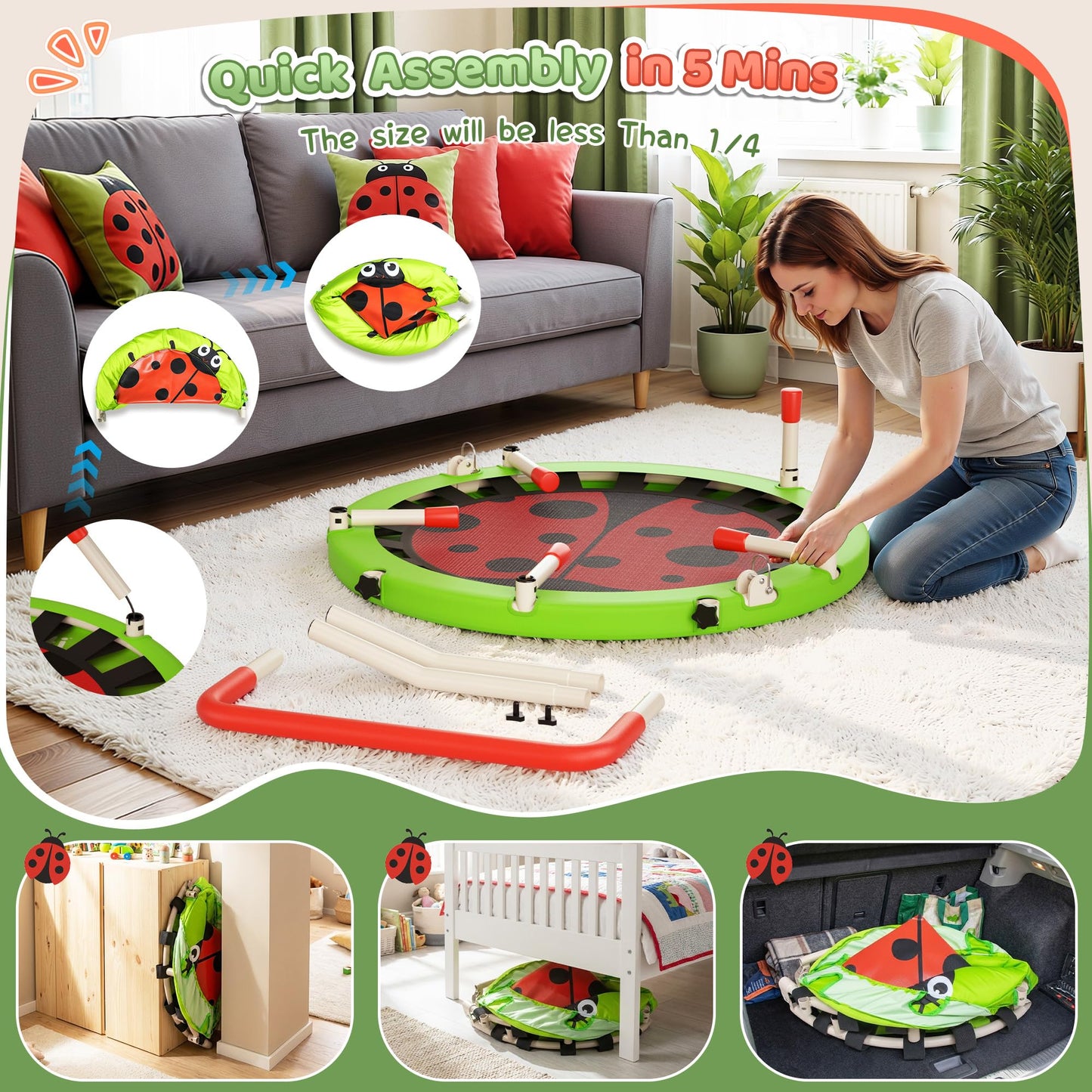 3FT Toddler Trampoline, 36” Foldable Mini Trampoline with Adjustable Handle for Kids Ages 3-6, ASTM Certified Indoor Outdoor Kids Jumper with Safety Padded Cover, Boy Girl Gift Supports 100LBS