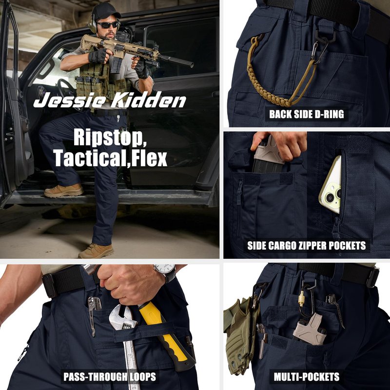 Mens Cargo Tactical Pants Cotton Water Resistant Ripstop Flex Stretch BDU Outdoor Hiking Work Pants for Men (9929 Navy Blue 34)